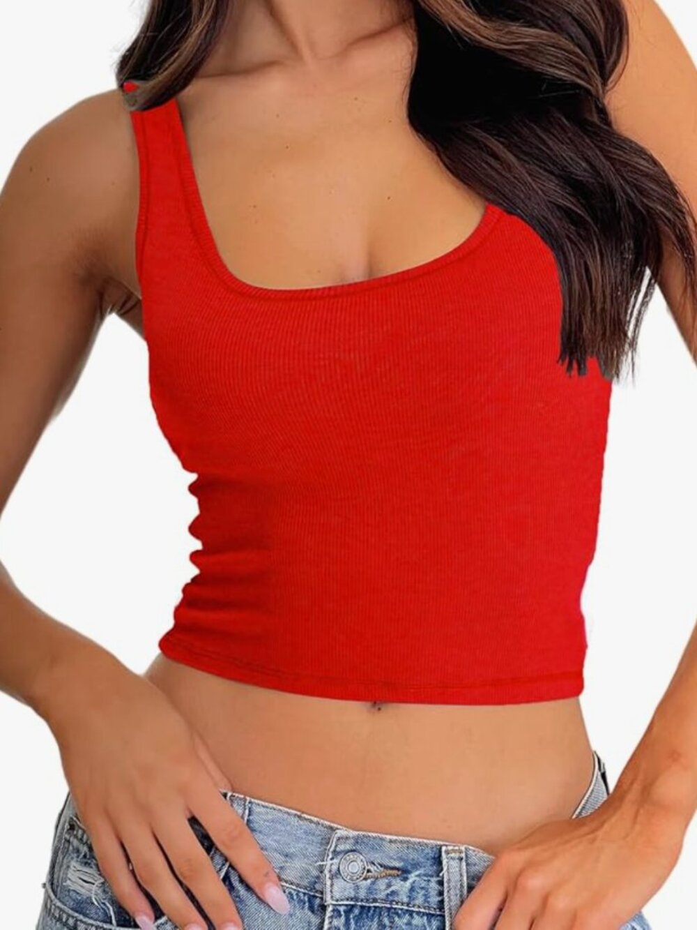 Bright Red Ribbed Tank Top Padded Crop Fitted Tank Top